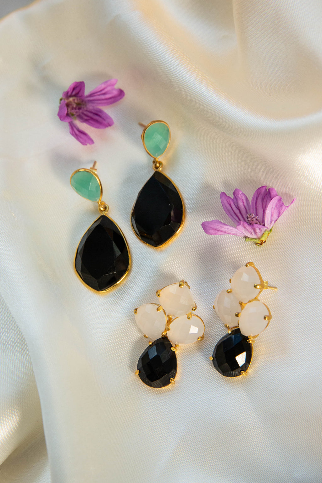 18kt Gold Vermeil Black Onyx and White Chalcedony Earring